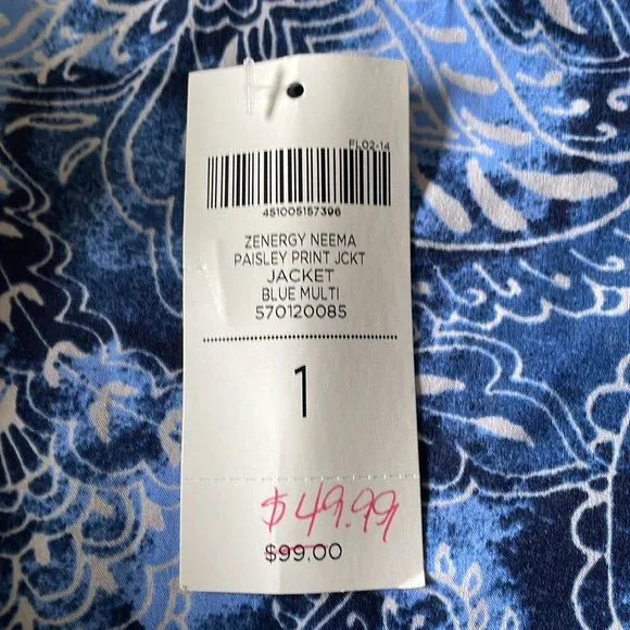 CHICO’S ZENERGY Jacket NEEMA Blue Paisley Zipper Front Lightweight NWT Size 8 - Picture 6 of 12